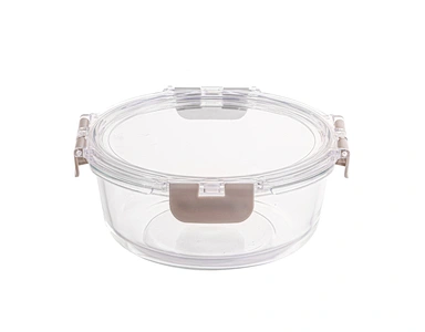 Round glass food container with soft silicone lid (patented)
